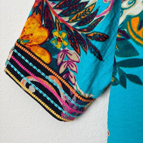 John Mark 1X Boho Vacation Tropical Floral Print Tunic Top Embroidered Trims - Picture 5 of 11